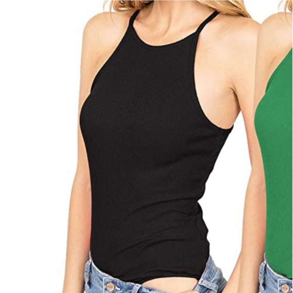 Black Tank Bodysuit - Medium Ribbed Black Halter Stretch Original $36